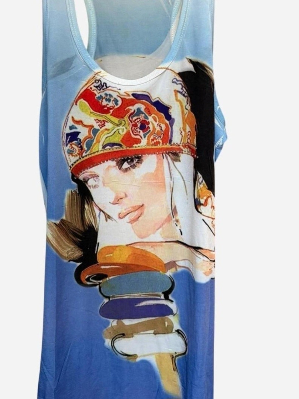 Source Unknown Blue Tank Top with Multicolor Portrait Graphic